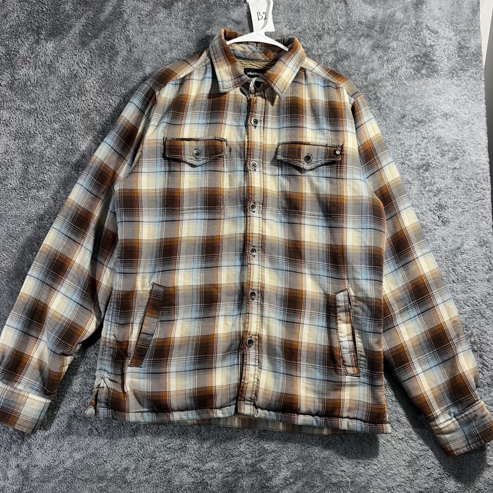 Marmot Mens Sherpa Lined Flannel Shirt Jacket Brown Blue Plaid Medium M Heavy